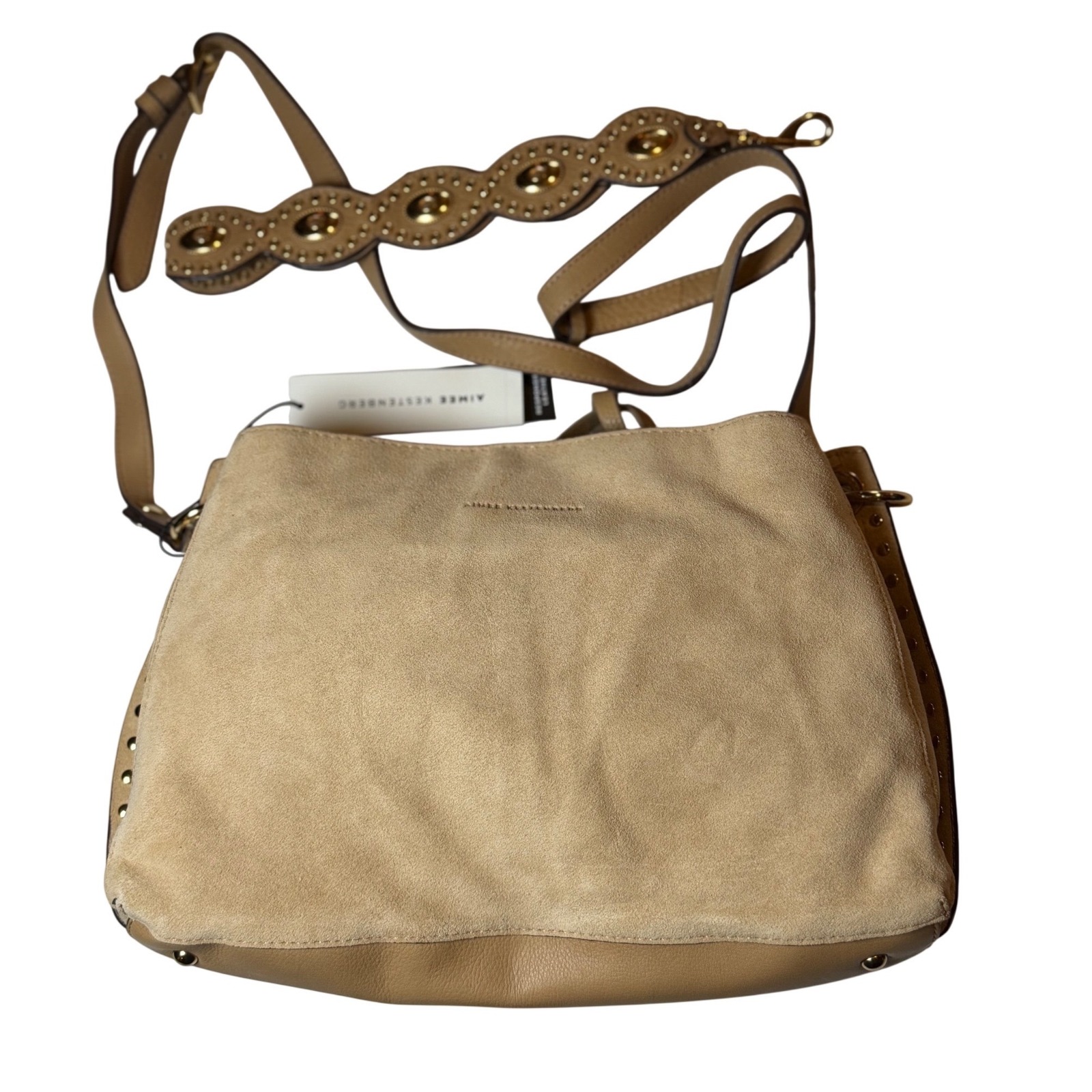 Aimee Kestenberg Roma Double Entry Shoulder Bag Tan Suede Leather Studded